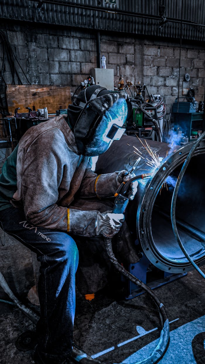 why-choose-us A worker welding inside a factory in Brazil, wearing safety gear and helmet.