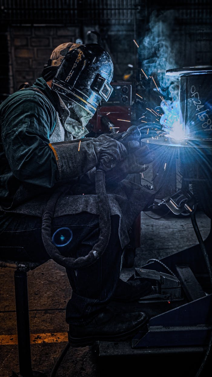 gallery-1 Welder working with bright sparks and smoke in a dimly lit workshop. Industrial scene.